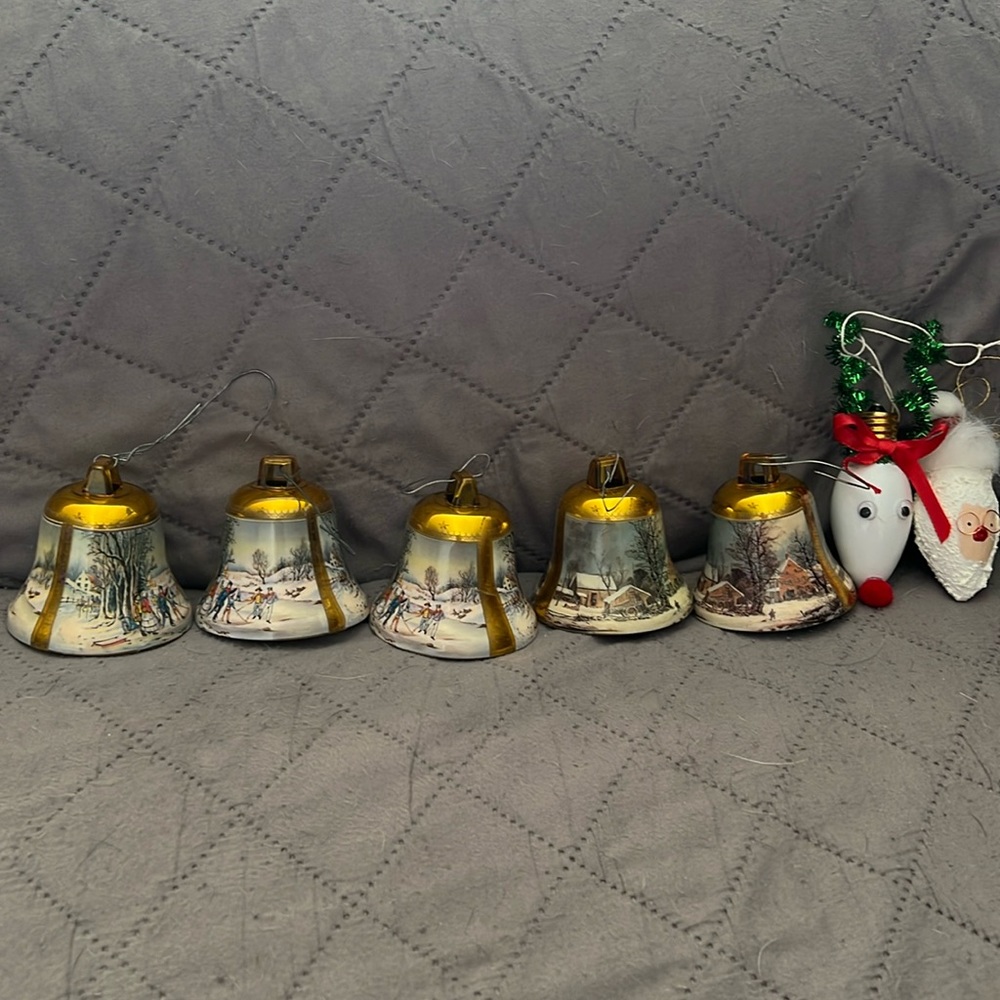 Vintage bell Christmas, ornaments and handpainted lightbulb ornaments